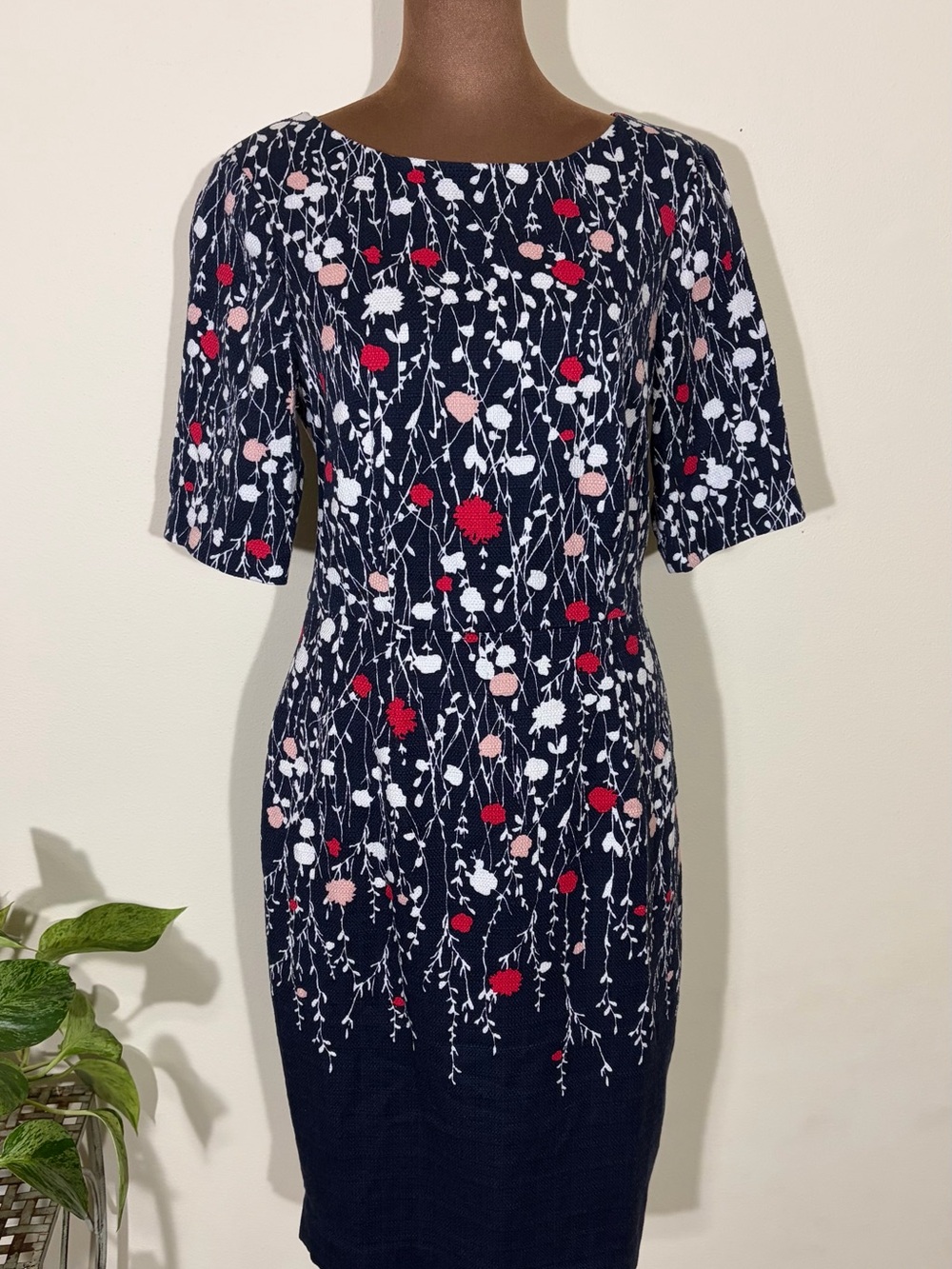 Boden Navy Midi Sheath Dress with Pink & Red Floral Print